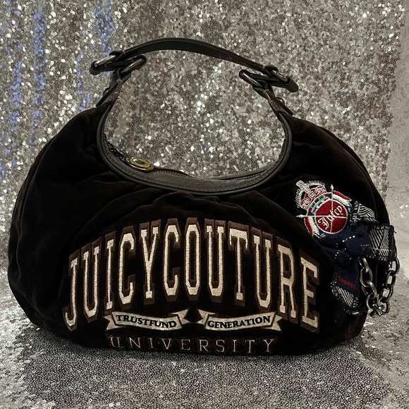 Juicy Couture Handbags - RARE VINTAGE Juicy Couture Trust Fund Brown Velvet 'University' Embroidered Hobo